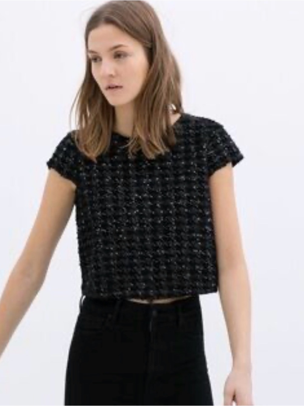 Zara Black Short Sleeve Cropped Knit Top with Subtle Sparkle